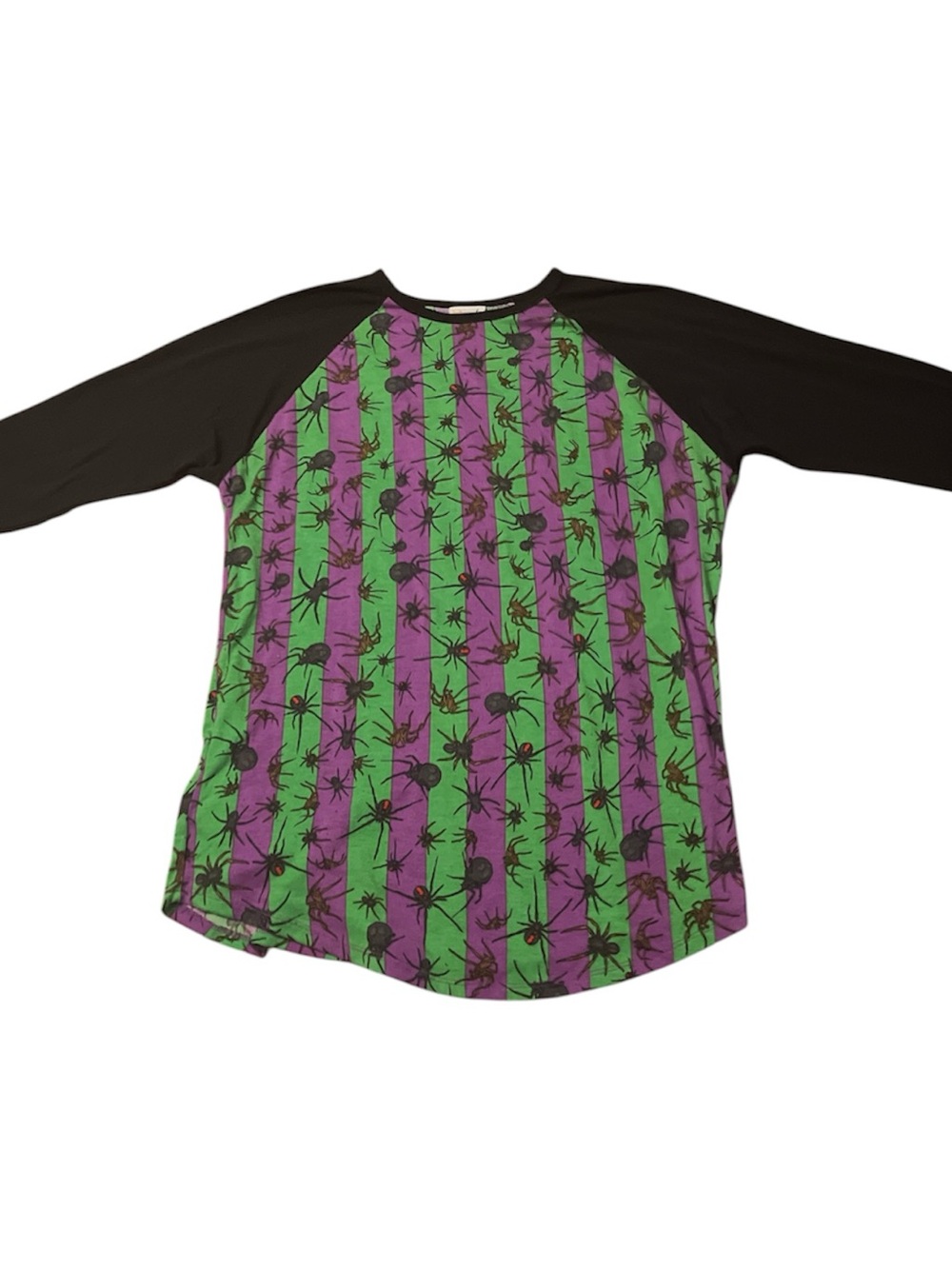 LuLaRoe Black-Sleeve Raglan with Green & Purple Spider Stripe Print